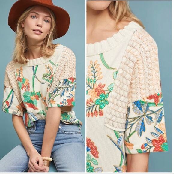 Anthropologie Tropical Floral Short Sleeve Sweater Size Small - Picture 2 of 15
